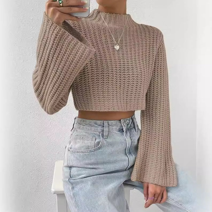 Damen lässiger Crop-Pullover mit weitem Arm und strukturiertem Design Drune