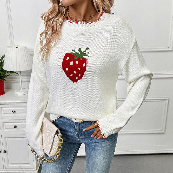 Damen Strickpullover mit fruchtigem Erdbeer-Motiv und lässigem Schnitt Drune