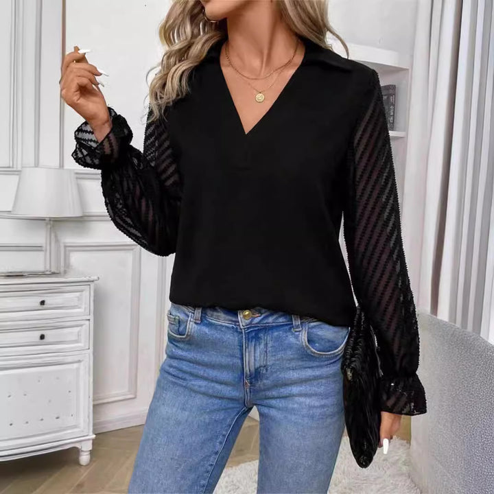 Damen Bluse mit transparenten Kräuselärmeln und V-Ausschnitt Drune