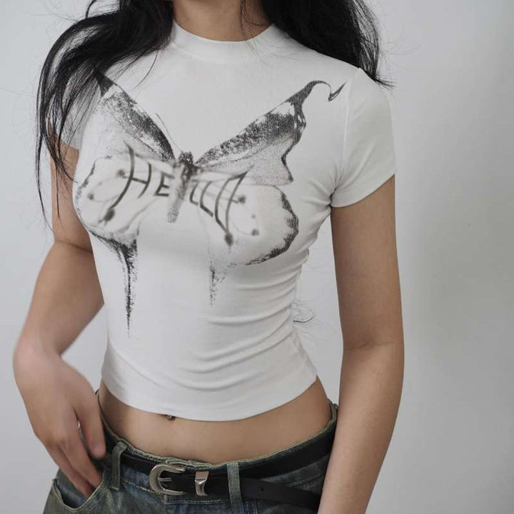 Damen Kurzarm-T-Shirt mit elegantem Schmetterlingsdesign und Stehkragen Drune