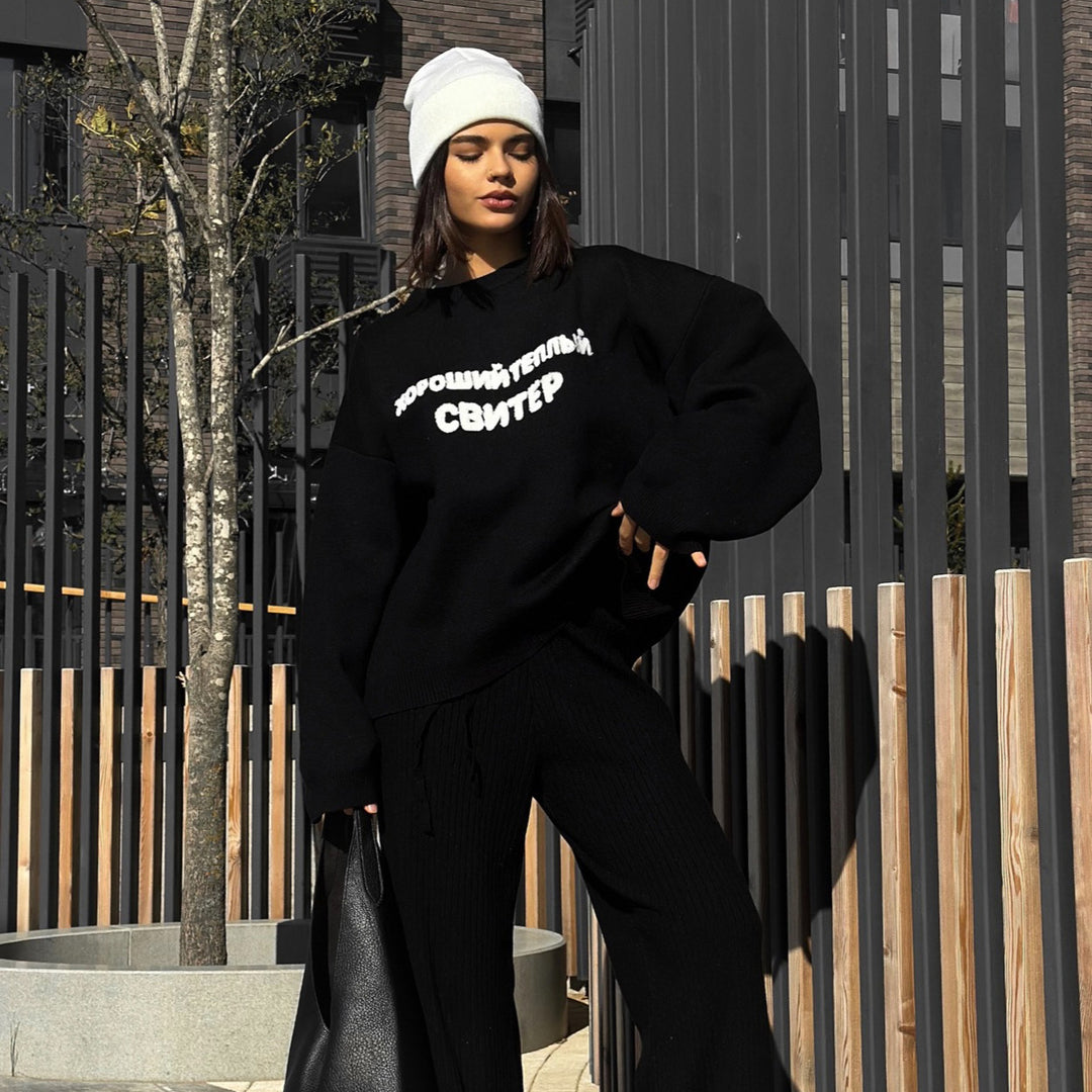 Damen lässiger Oversized-Pullover mit kreativen Schriftzug und bequemem Schnitt Drune