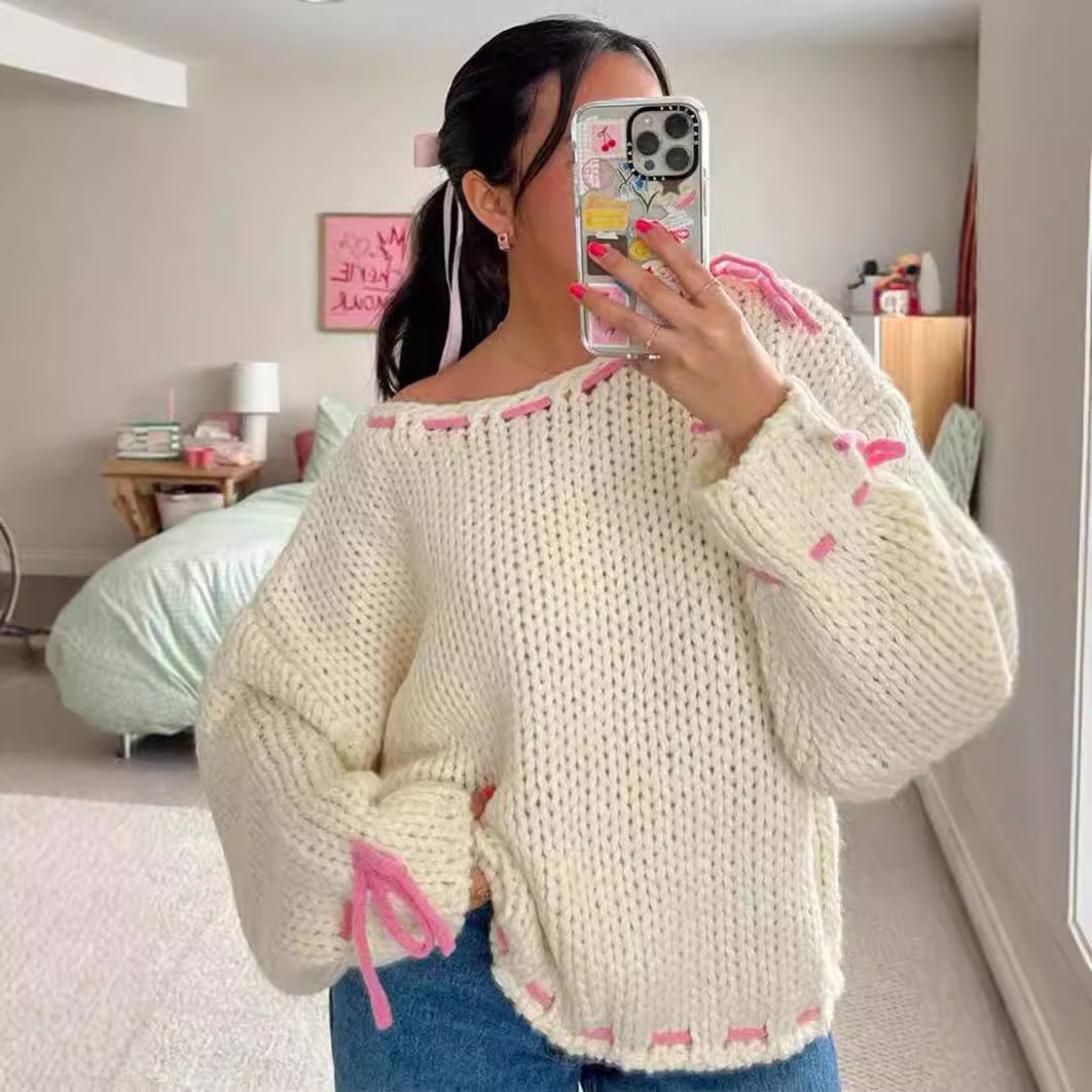 Damen lockerer Pullover mit raffinierten Kordelverschluss-Details Drune