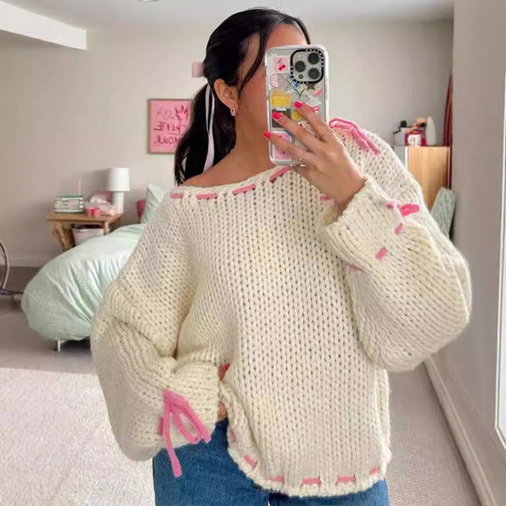 Damen lockerer Pullover mit raffinierten Kordelverschluss-Details Drune