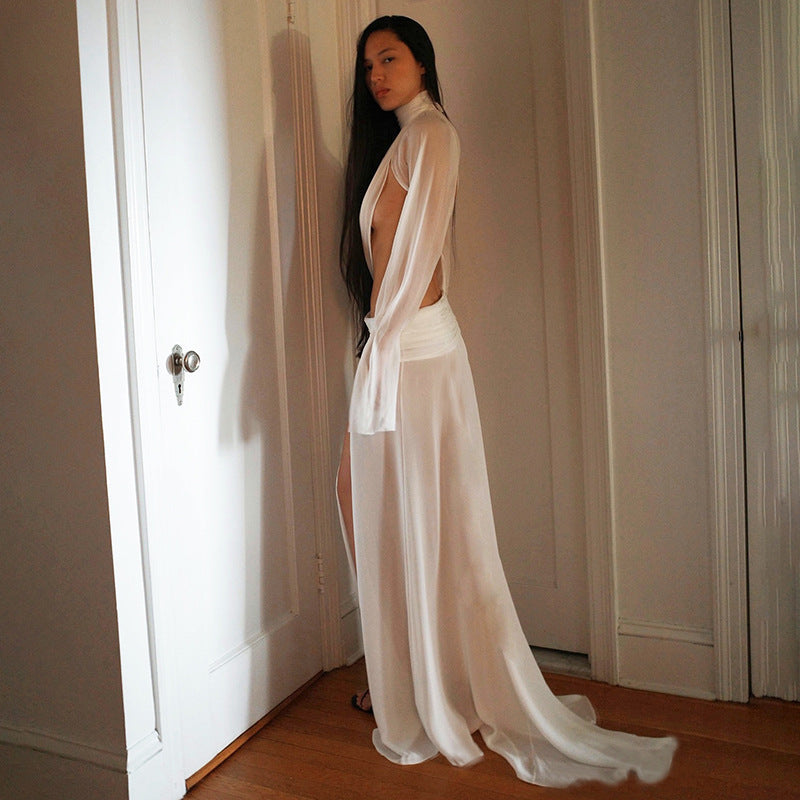Damen elegantes Maxikleid mit durchscheinenden Ärmeln und seitlichem Schlitz Drune