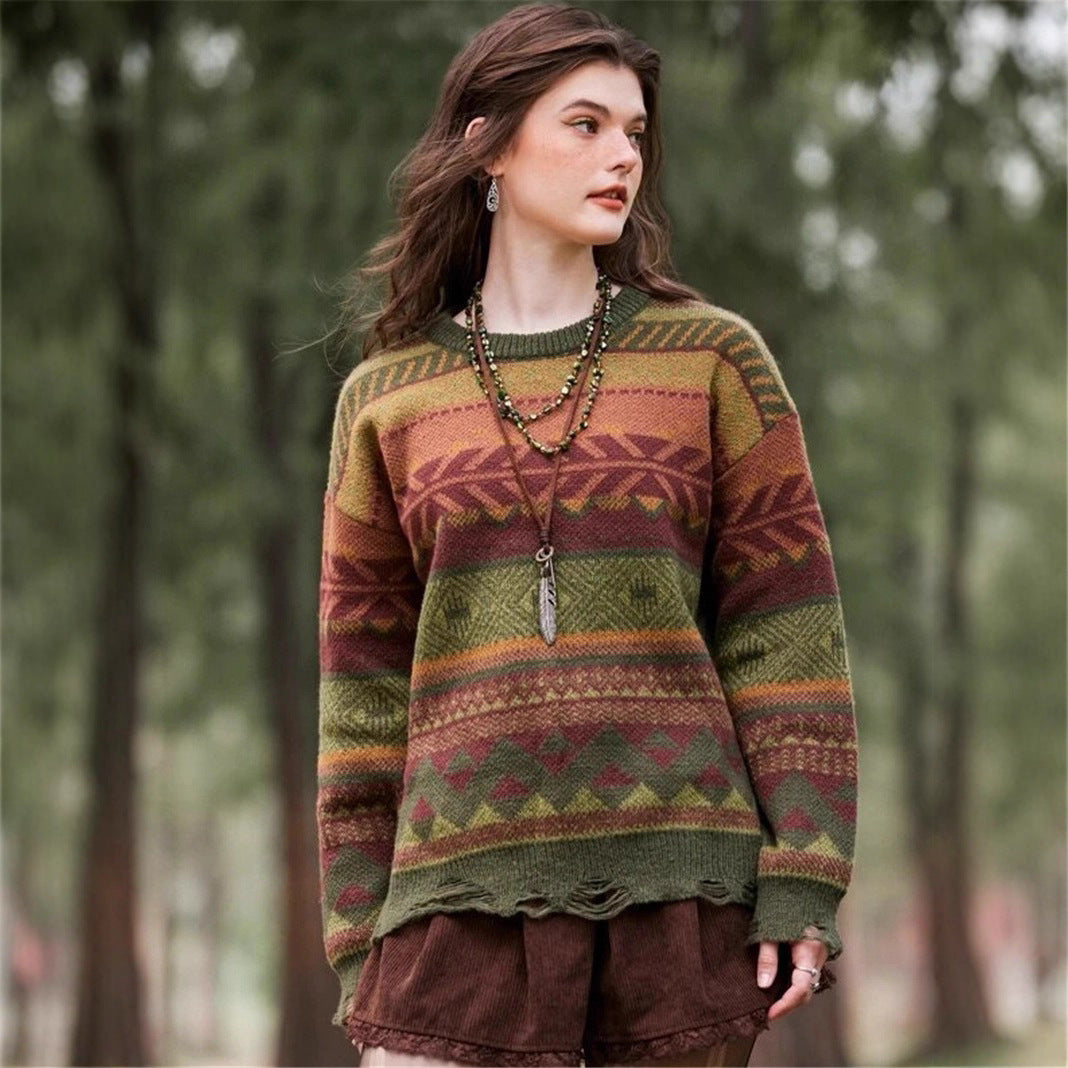 Damen Gemusterter Pullover im Boho-Stil mit fransigem Saum Drune