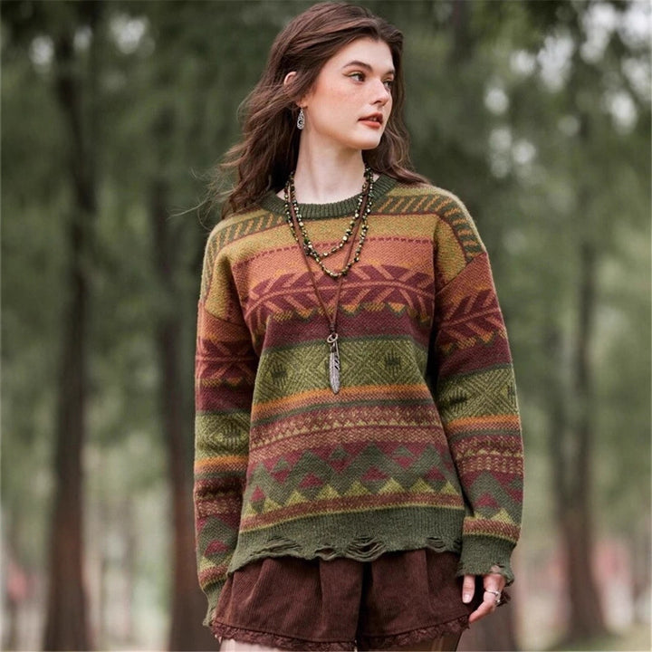 Damen Gemusterter Pullover im Boho-Stil mit fransigem Saum Drune
