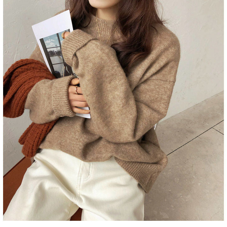 Damen Grober Oversized Pullover mit hohem Kragen und Rippstrick Drune