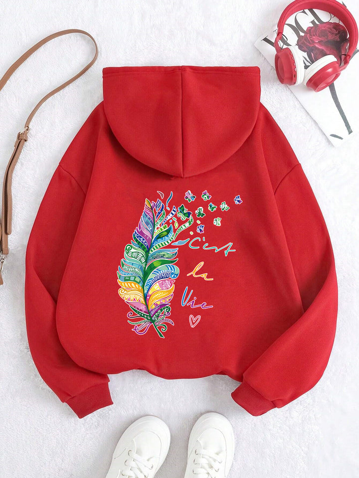 Damen lässiger Kapuzenpullover mit buntem Federdesign und inspirierendem Schriftzug Drune