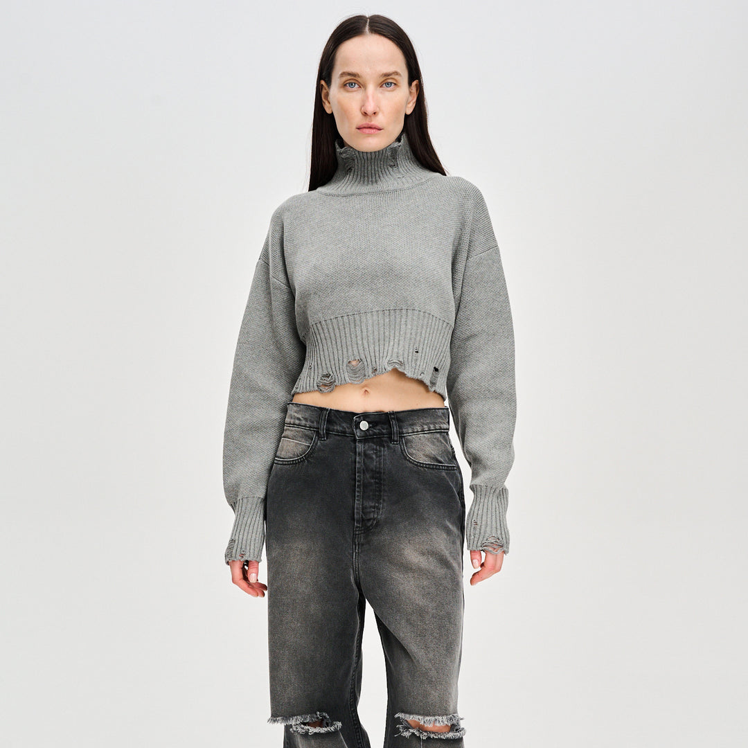 Damen trendiger Cropped Pullover mit modernem Rippdesign und verspielten Details Drune