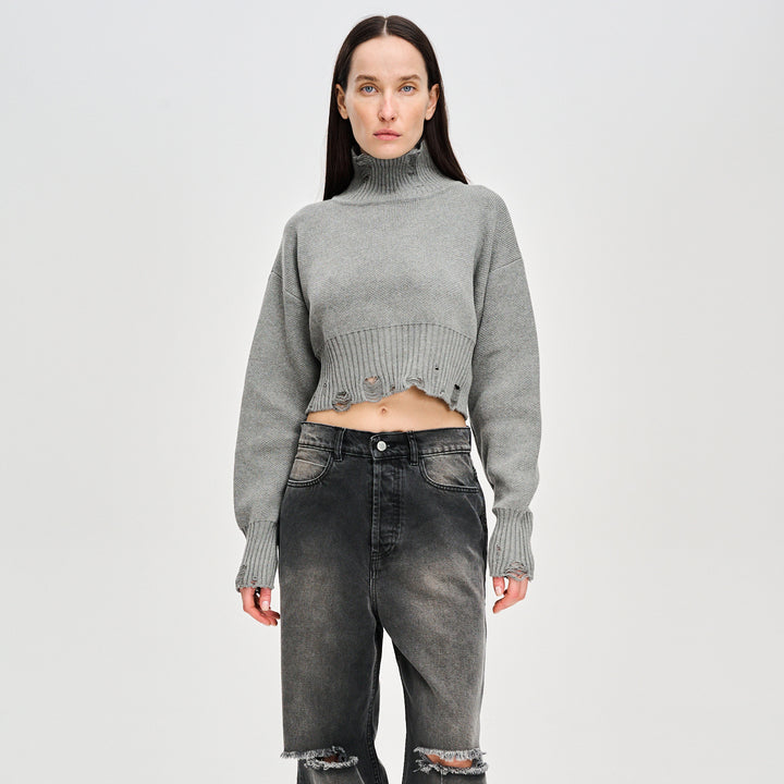 Damen trendiger Cropped Pullover mit modernem Rippdesign und verspielten Details Drune