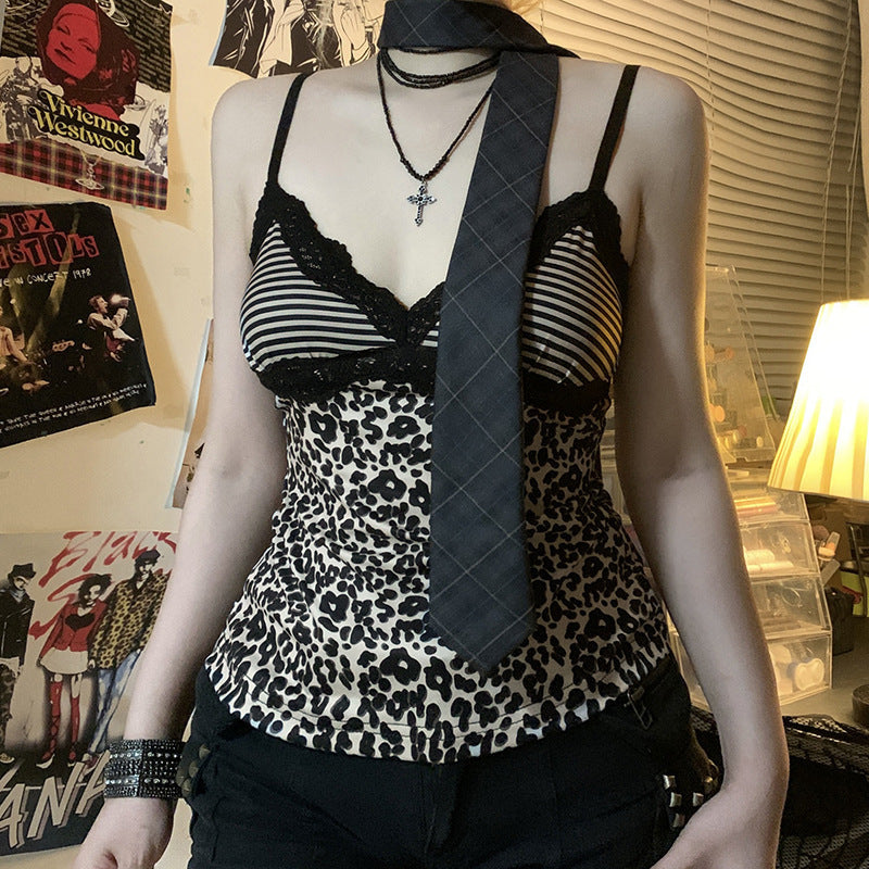 Damen Spaghetti-Trägertop mit elegantem Spitzenbesatz und modernem Leopardenmuster Drune