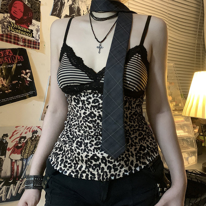 Damen Spaghetti-Trägertop mit elegantem Spitzenbesatz und modernem Leopardenmuster Drune