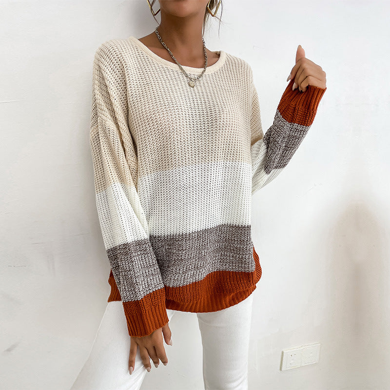 Damen lässiger Strickpullover mit modischen Blockstreifen Drune