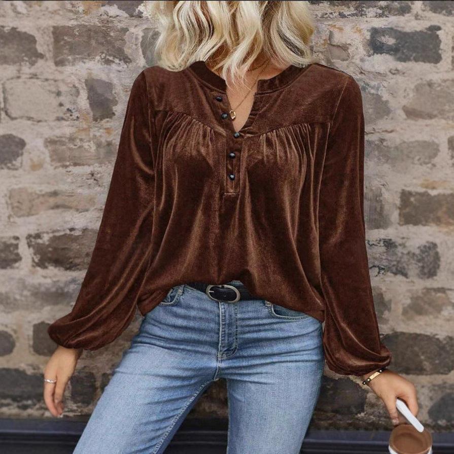 Damen Veloursbluse mit Knopfleiste und ballonen Ärmeln Drune