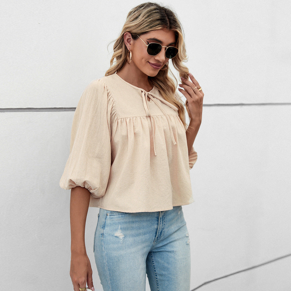 Damen Bluse mit weiten Ärmeln und verspieltem Knoten Drune