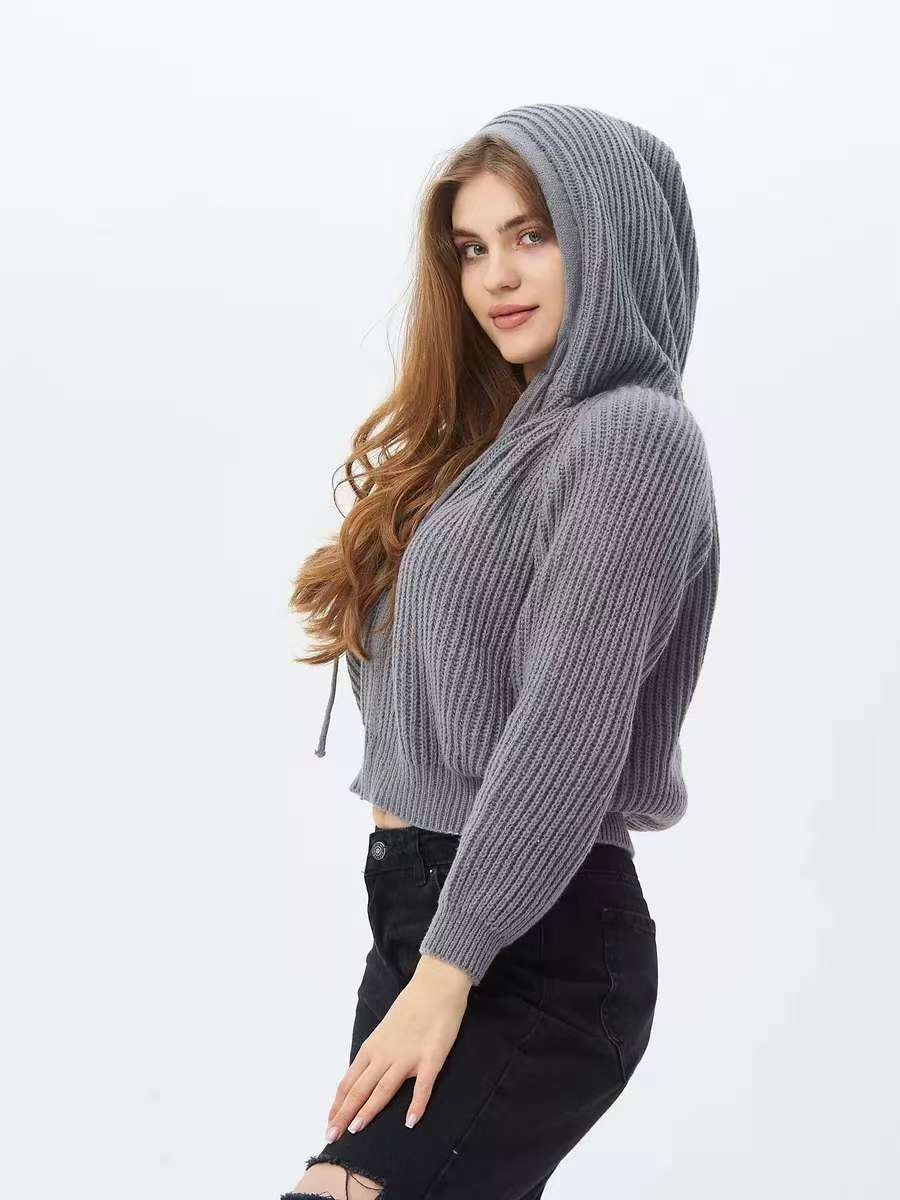 Damen Kuscheliger Kapuzenpullover im Rippdesign mit cropped Schnitt Drune