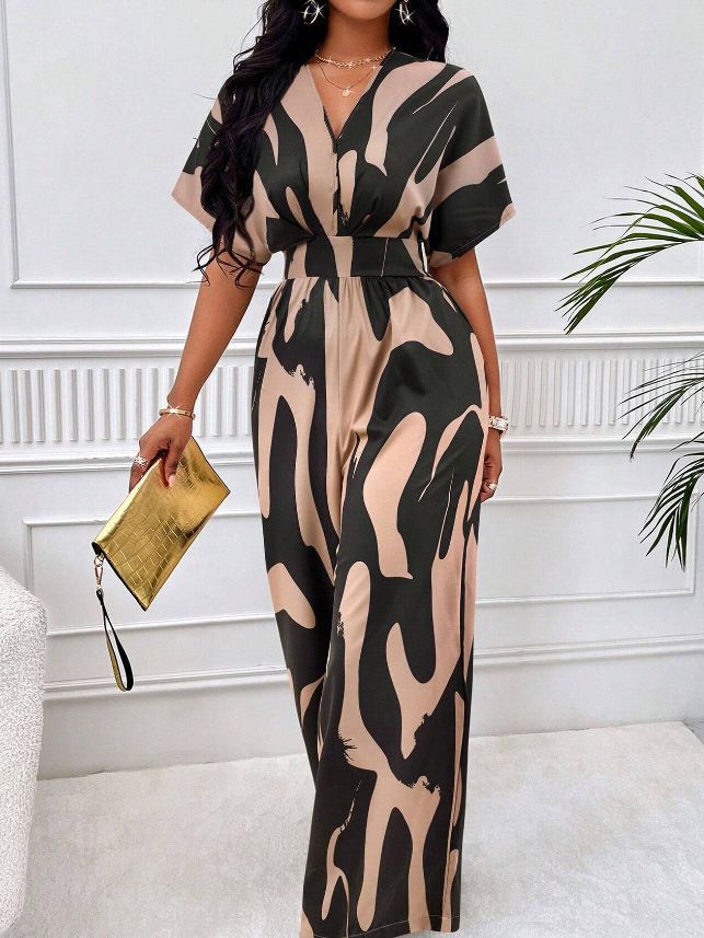 Damen Eleganter Maxijumpsuit mit tiefem V-Ausschnitt und weit geschnittenem Bein Drune
