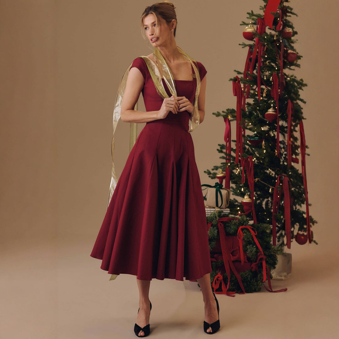 Damen Midi-Kleid mit quadratischem Ausschnitt und weit schwingendem Rock Drune