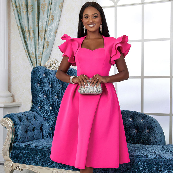 Damen elegantes Kleid mit voluminösen Rüschensäumen Drune