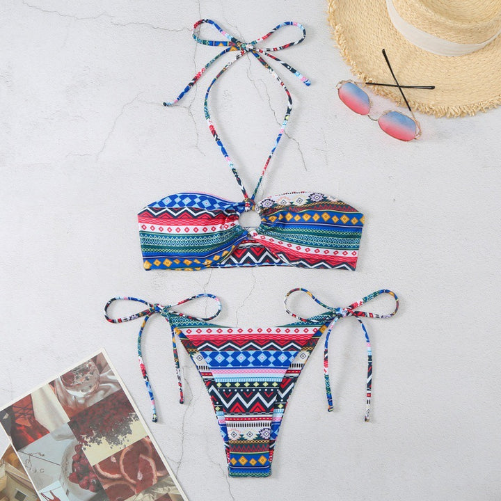 Damen Bandeau-Bikini mit verstellbaren Bindebändern und farbenfrohem Muster Drune