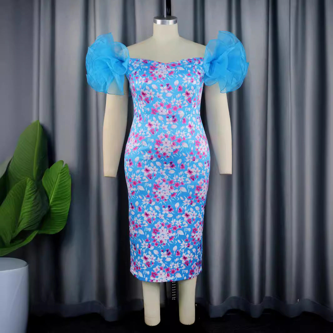 Damen Etuikleid mit romantischen Blumenmustern und voluminösen Puffärmeln Drune