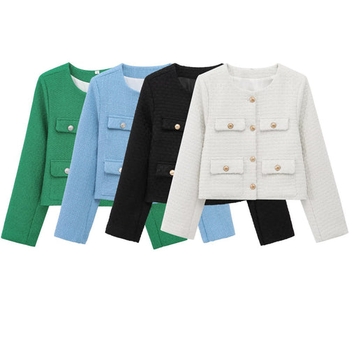 Damen modische Kurzjacke mit dekorativen Taschen und eleganter Knopfdetail Drune