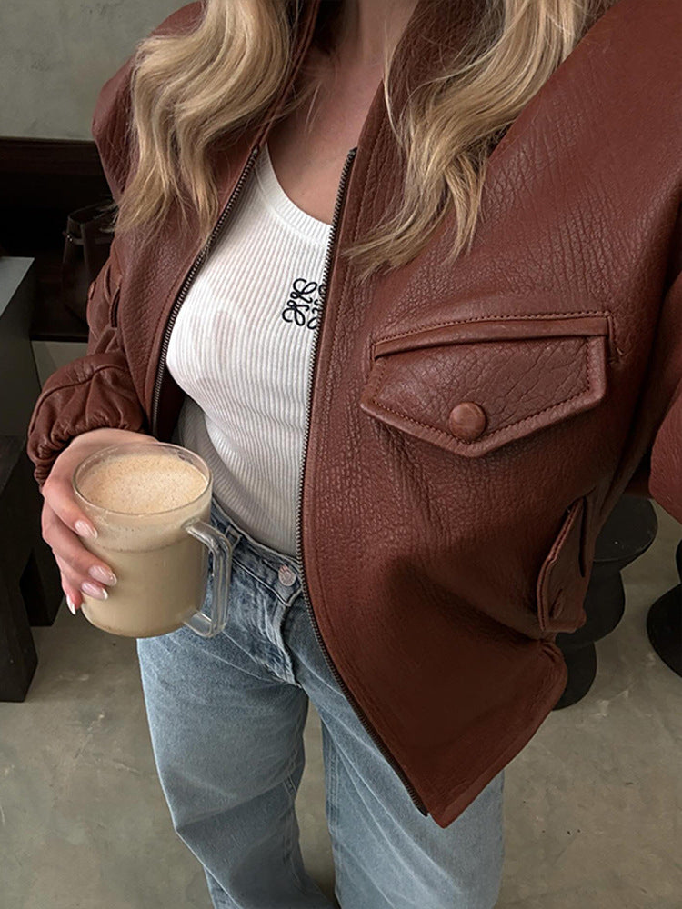 Damen Modische Kunstlederjacke mit dekorativen Detail Drune