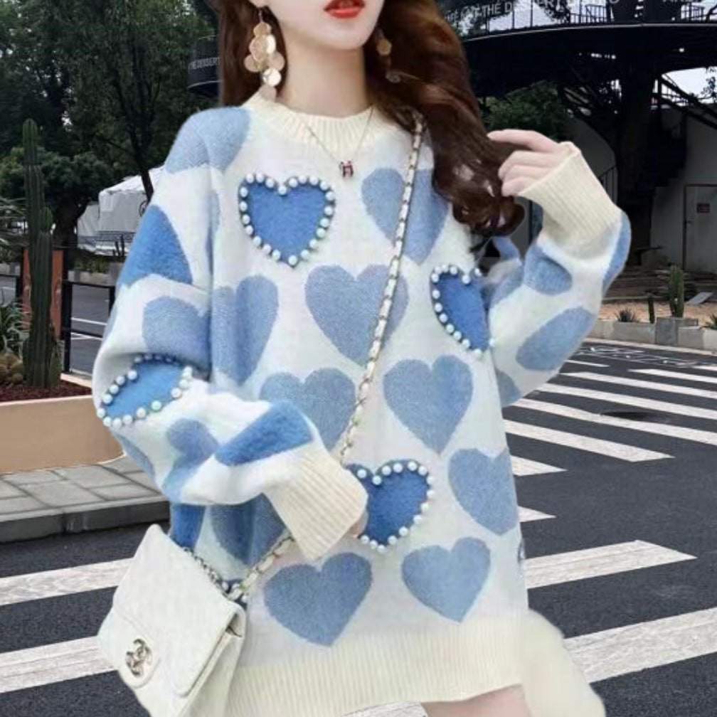 Damen Gemusterter Strickpullover mit Herz-Applikationen und Rippkragen Drune