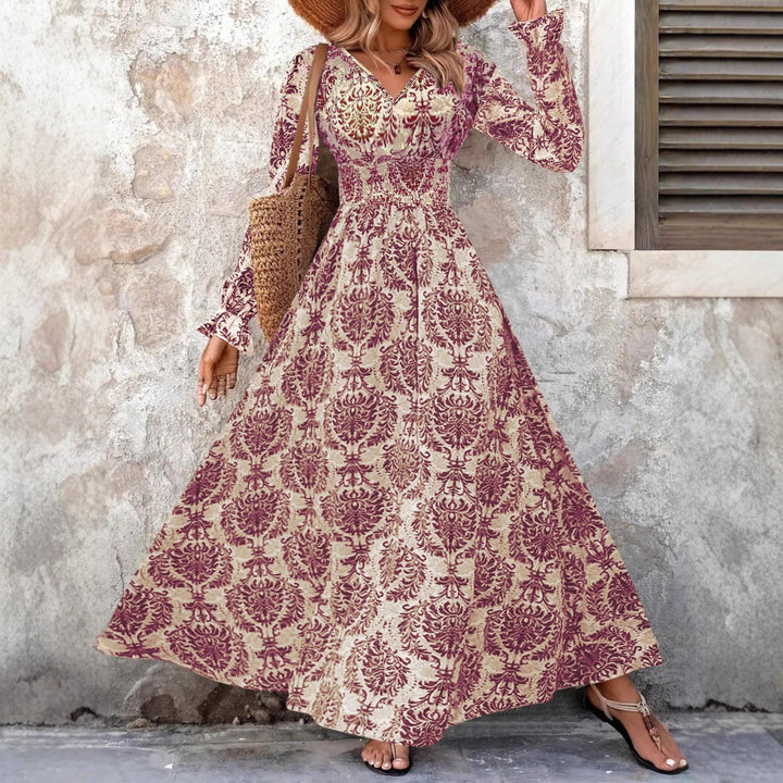 Damen Langes Maxikleid mit floralem Jacquard-Muster und voluminösen Ärmeln Drune