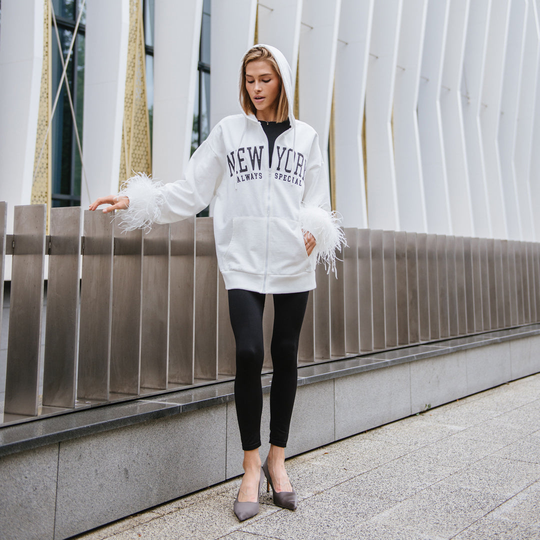 Damen Oversized Kapuzenpullover mit kreativem Schriftzug und modernen Fransen Drune