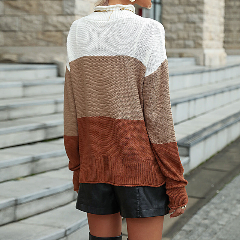 Damen modischer Strickpullover mit farbigen Blockstreifen und hohem Kragen Drune