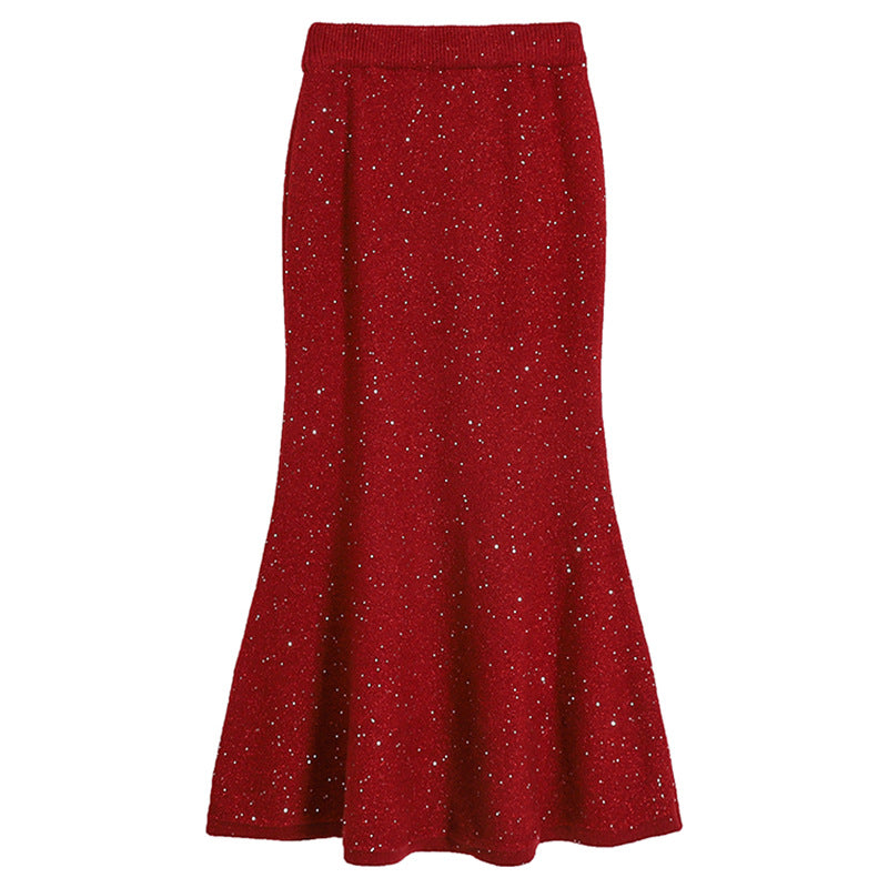 Damen nan figurbetonter gestrickter Midirock mit Glitzerfaser und Trompetensaum Drune