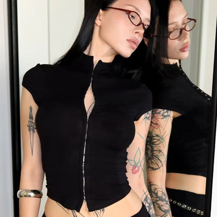 Damen sportliches Kurzarm-T-Shirt mit hoher Kragenführung Drune