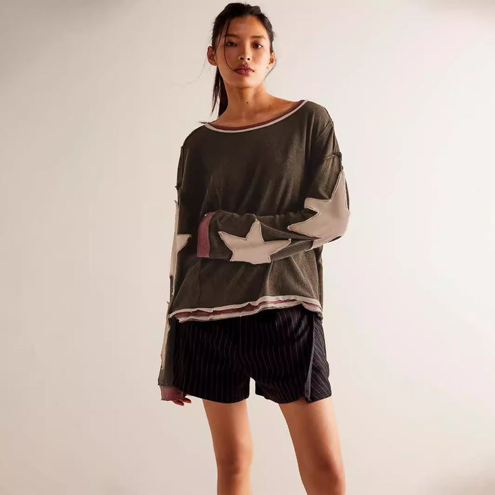 Damen lässiges Sweatshirt mit Sternen-Design und weitem Schnitt Drune