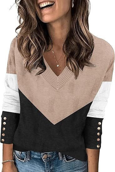 Damen Modischer V-Ausschnitt Pullover mit Farbblock und Knopfdetails Drune