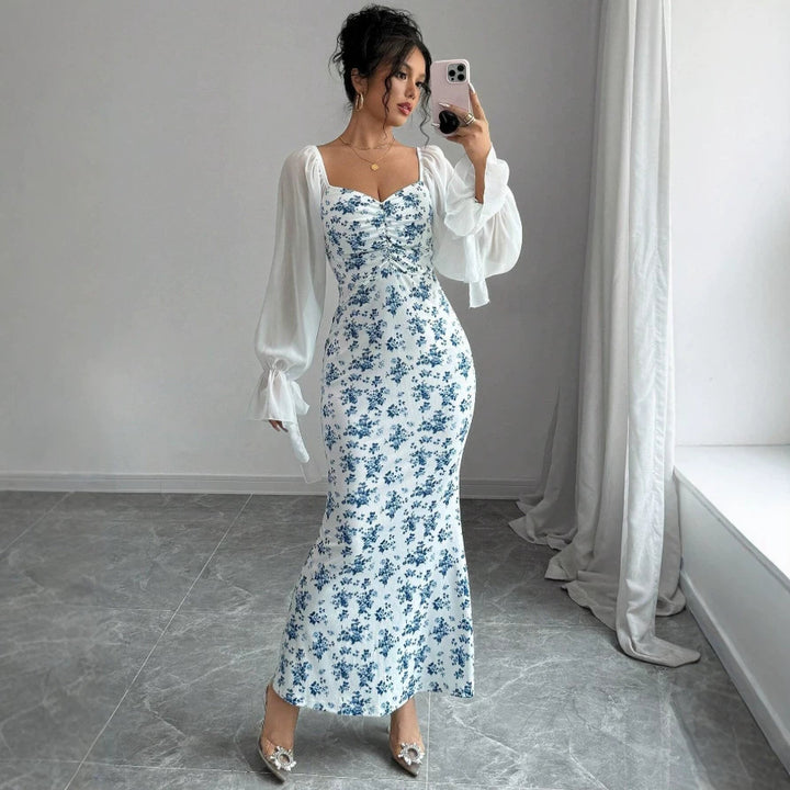 Damen Maxikleid mit floralem Print und elegantem Chiffonüberwurf Drune
