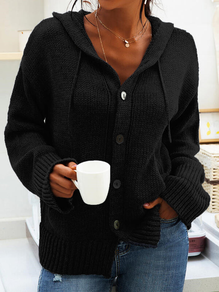 Damen bequeme Strickjacke mit Kapuze und Knopfverschluss Drune