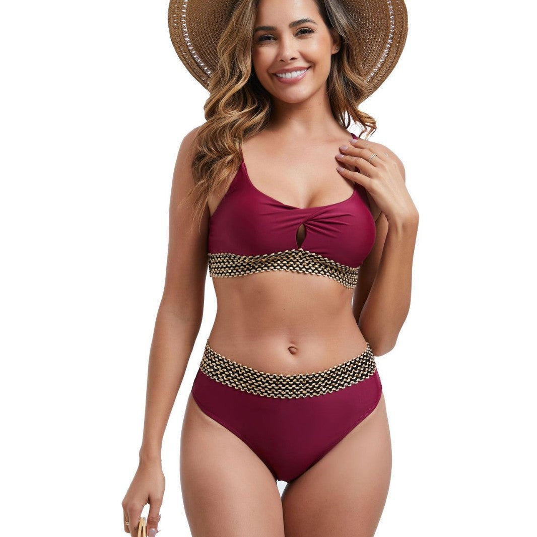 Damen Hoch tailliertes Bikini-Set mit dekorativem Knotendetail Drune