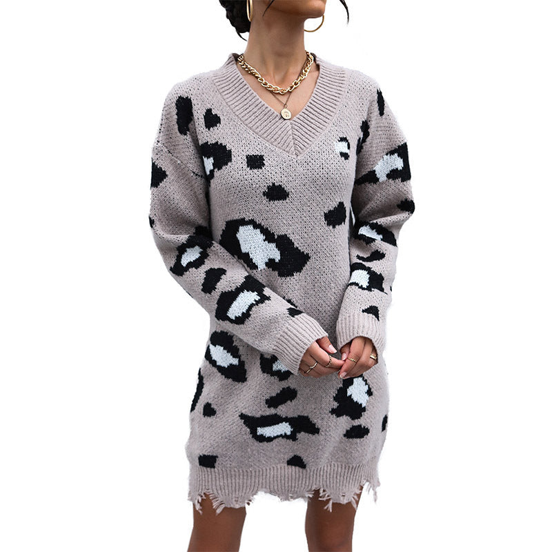 Damen Strickkleid mit verspieltem Leopardenmuster und lässigem Schnitt Drune