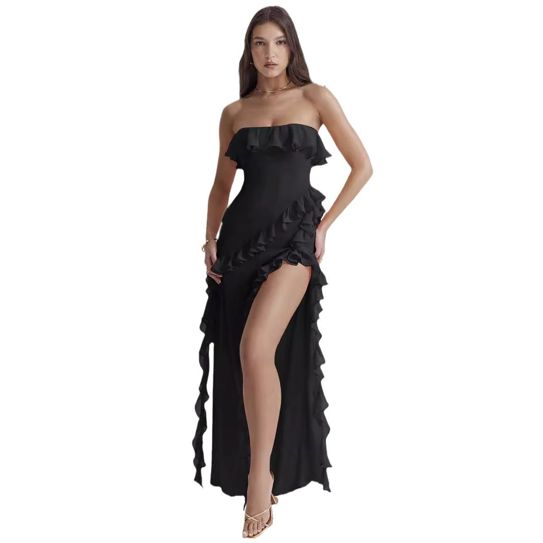 Damen Off-Shoulder Maxikleid mit Rüschen und Schlitz Drune