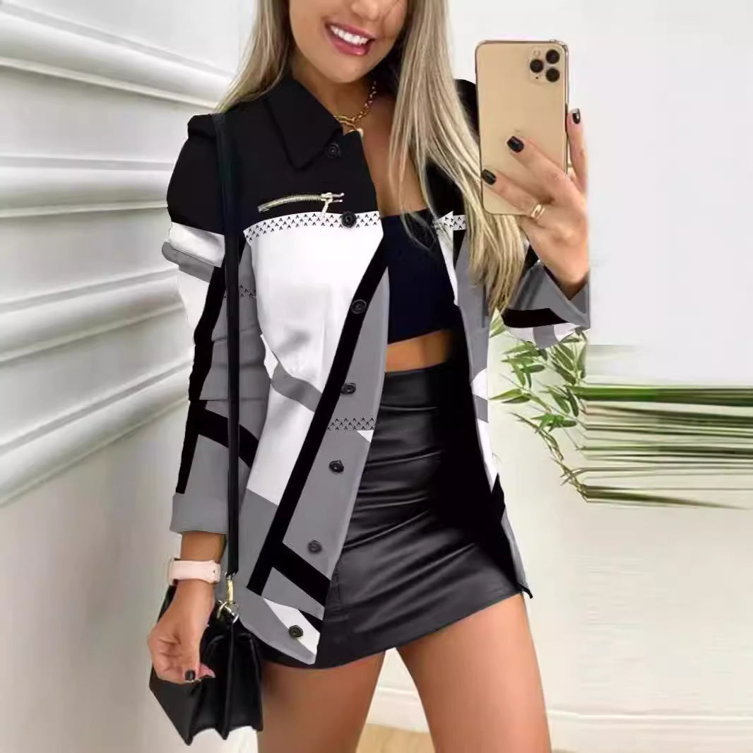 Damen nan gemusterter Blazer mit geometrischem Print, Reißverschlusstasche und durchgehender Knopfleiste Drune