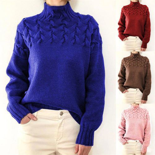 Damen Strickpullover mit dekorativem Zopfmuster und hohem Kragen Drune
