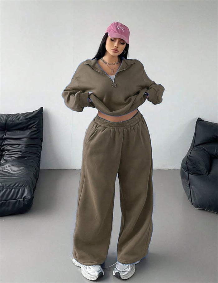 Damen Sportliches und lässiges Fleece-Set mit halbem Reißverschluss Drune