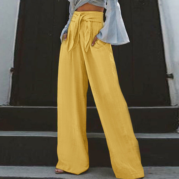 Damen nan weite High-Waist Leinenhose mit Bindegürtel und Eingrifftaschen Drune