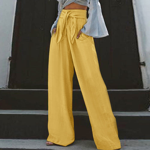 Damen nan weite High-Waist Leinenhose mit Bindegürtel und Eingrifftaschen Drune