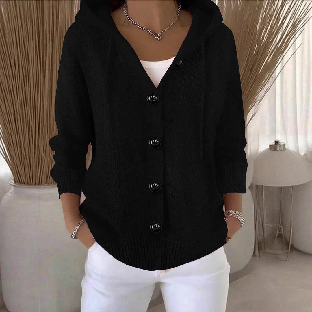 Damen lässige Strickjacke mit Kapuze und großen Knöpfen Drune