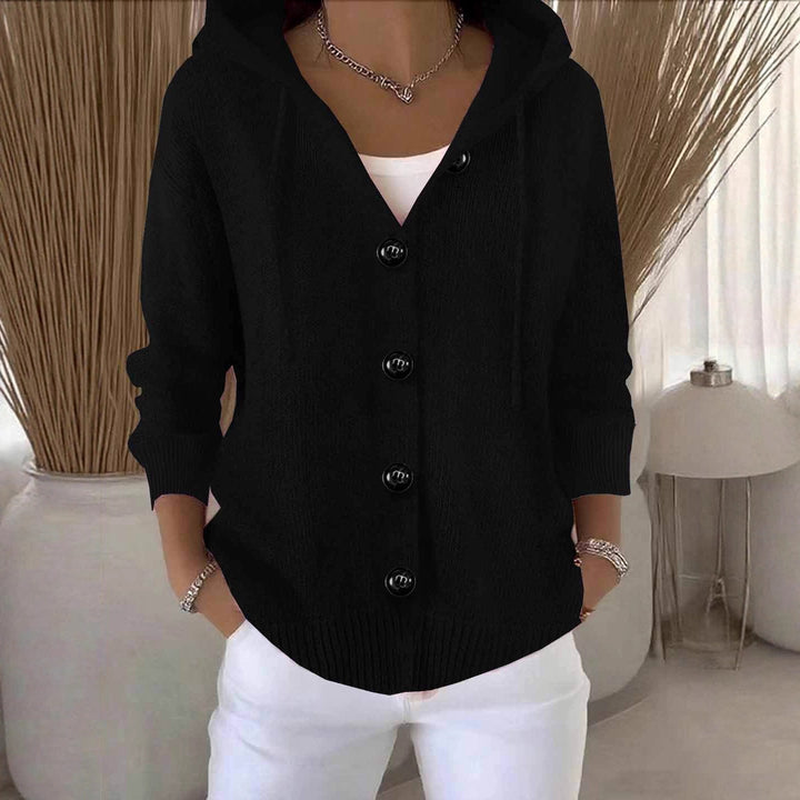 Damen lässige Strickjacke mit Kapuze und großen Knöpfen Drune