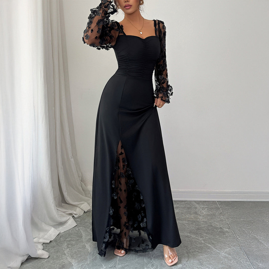 Damen Elegantes Maxikleid mit raffinierten Rüschendetails und transparenter Unterlage Drune