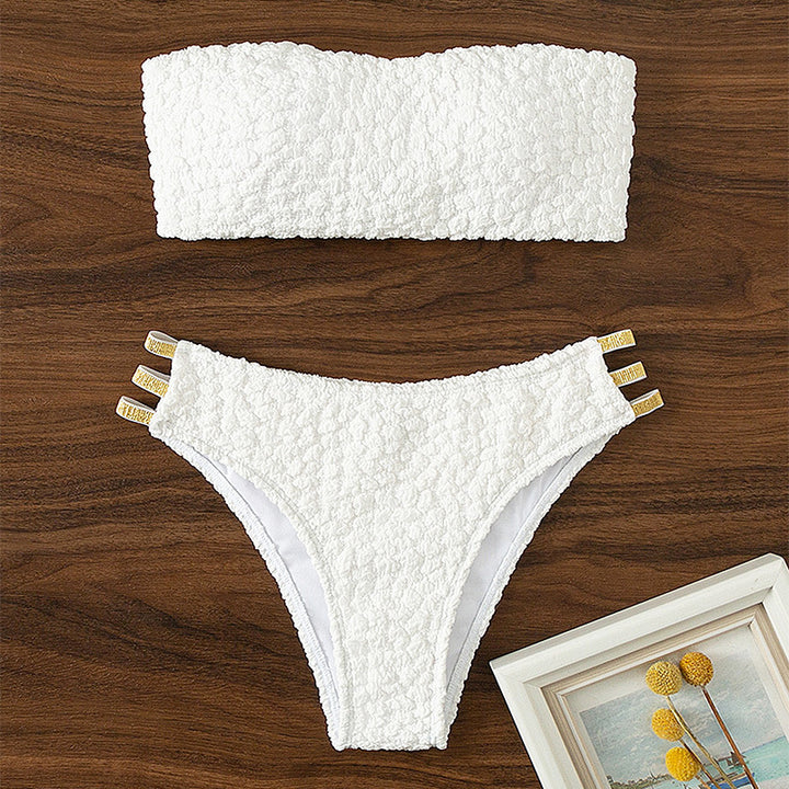 Damen Bandeau-Bikini mit modischem Quellmuster und eleganten Verzierungen Drune
