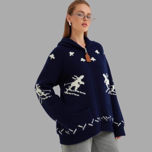 Damen Strickjacke mit Kapuze und sportlichem Muster Drune